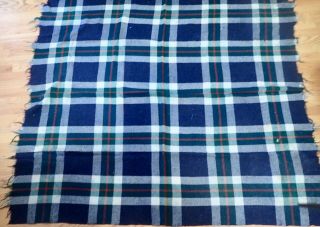 Vintage Wool Plaid Blanket Made In England Blue & Green Fringed Ls0497