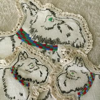 Vintage Hand Embroidered - " Bonny Scotland " Scottie Dog & Puppy Doilies