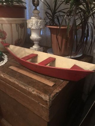 Antique Vintage Folk Art Wood Dory Pond Row Boat Whaling Old Red Paint 26”x6.  5