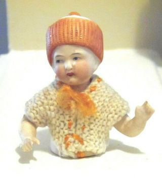 Half Doll Baby W Hat & Movable Arms Antique Porcelain Pincushion Doll Germany