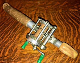 Vintage Bait Fishing Reel Pflueger Akron 1893 Reel & Rod Handle Made In Usa