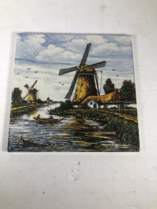 Vintage Delft Blauw Blue Windmill Ceramic Tile Hand Painted Holland Rare Color
