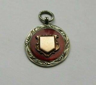 Antique Silver,  Rose Gold & Red Enamel Watch Chain Fob Medal 1926