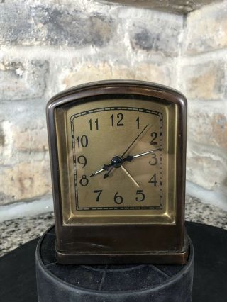 Pottery Barn Retro Alarm Clock Rubbed Bronze W/ Battery Euc Art Deco Style Rare