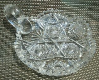 Etched Starburst Saw Tooth Crystal Cut Glass Candy/nut Dish With Loop Handle