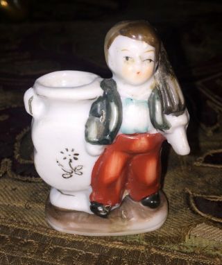 Vintage Antique Bisque Porcelain Figure Boy with umbrella tooth pick holder 2