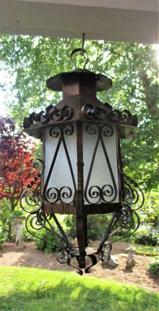 Vtg/antique Wrought Iron/copper Scrollwork Birdcage Lantern Fixture/frosted Glas