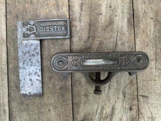 Antique Stanley Pocket Cast Iron Level & Disston Square Tools