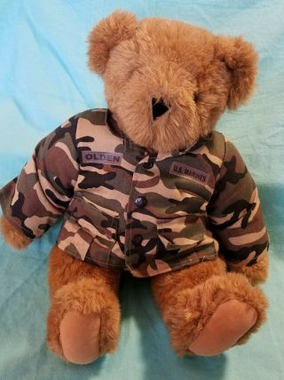 Vintage Vermont Teddy Bear Us Marines Camo Military Plush Jointed Olden 15 "