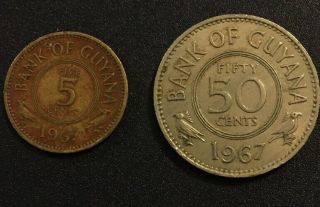1967 Guyana 50 Cents Coin Low Mintage Rare,  1967 5 Cents Coin