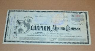 The Scorpion Mining Company 1912 Antique Stock Certificate
