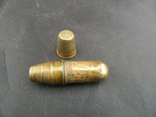 Antique Brass Sewing Needle Case (2) Brass Thimbles,  Thread,  & Container