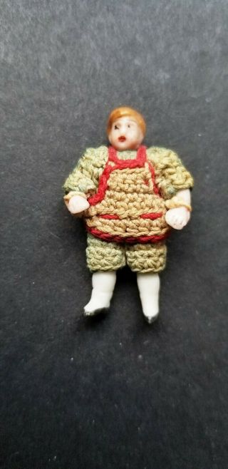 Antique Bisque German Hertwig Carl Horn 1 1/2 " Boy Doll In Apron And Green Suit