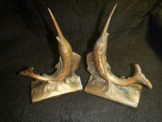 2 Antique Bronze Swordfish Jumping Out Of The Water Bookends