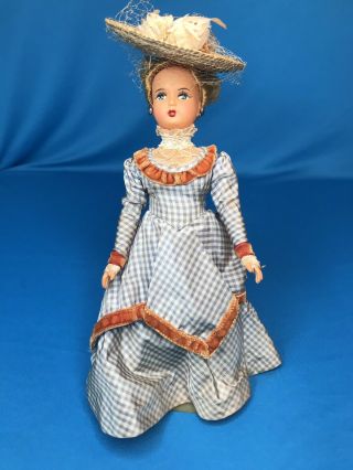 Wonderful 9” Antique Doll Closed Mouth Celluloid Victorian Costume Straw Hat