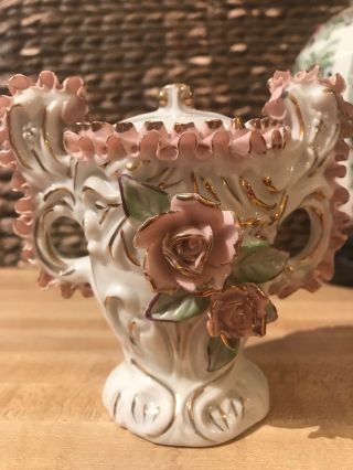 Popurrí Vintage Ceramic Figure Rare Unique Pink,  Green,  Gold Flowers 4.  5” T