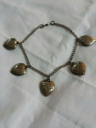 Antique Victorian Sterling Puffy Heart Charms Bracelet 5 Heart Charms