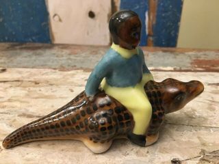 Rare Nippon Vintage Black Americana Boy On Alligator Figurine Nr