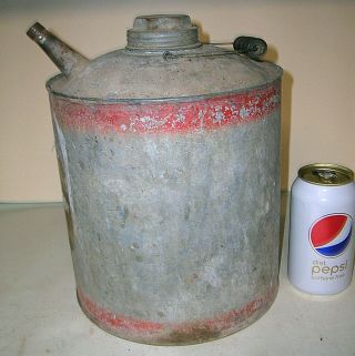 Vintage Antique Small Metal Gas Can Round Red Wood Bail Handle 1 1/2 To 2 Gallon