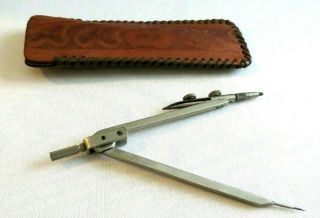 Vintage Antique Protractor Made In Germany W Leather Hand Tooled Case