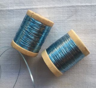 Wooden Spool Of Vintage Blue Metallic Thread Flat French