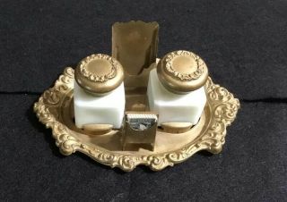 Antique Brass Inkwell With Milk Glass Inkwells Stamp & Calling Card Holders