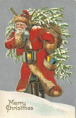 Red Robe Fur Trimmed Santa Claus Tree Antique Silver Christmas Postcard - M89