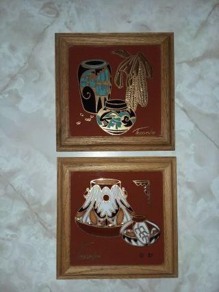 RARE 1980 ' s VINTAGE HANDPAINTED GOLD CLEO TEISSEDRE TILES.  S/W DESIGN 2
