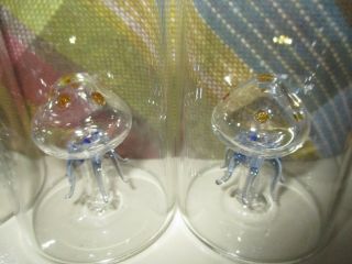 Vintage Set of 4 Blown Glass Jellyfish Art Inside Cup Rare 4.  5 