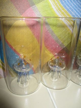 Vintage Set of 4 Blown Glass Jellyfish Art Inside Cup Rare 4.  5 