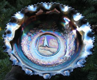 Rare Australian Crown Crystal Large Kangaroo Pattern Purple Carnival Glass Bowl
