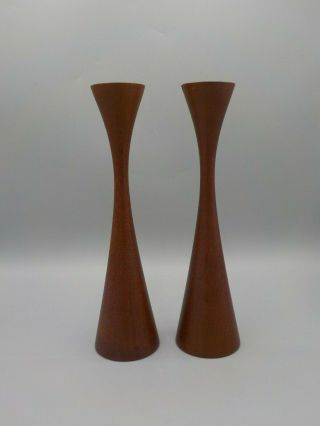 Tall 9 " Mcm Danish Modern Turned Wood Candlestick Candle Holders