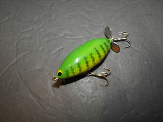 Vintage BAGLEY RAT FINK Topwater Fishing Lure Brass Hardware Green Crawfish 3