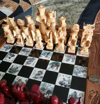Antique Chinese Chess Board/set Hand Carved Wood - Exquisite Art Tiles
