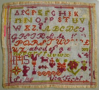Late 19th Century Antique Dutch Wool Work Alphabet Cross Stitch Sampler