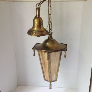 Antique Brass Slag Glass Panel Hanging Hall Light Lamp Arts & Crafts Lantern