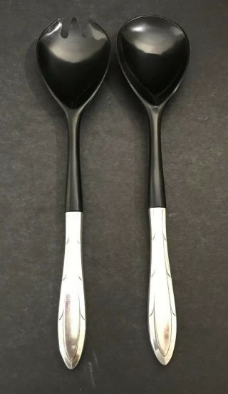 Vtg Black Plastic With Silver Plated Handles Server Set - Salad / Fork And Spoon