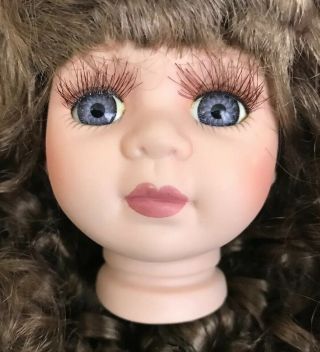 Small Vintage Porcelain Doll Head 3 1/2”curly Brown Hair Blue Eyes