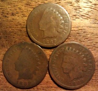 3 Indian Head Penny Cent Antique Rare Us Scarce Coin 1887,  1888,  1889 277c