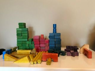 Vintage 97 Piece Wooden Block Set Variety Of Colors