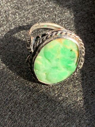 Antique Chinese Sterling Silver Carved Green Jade L Ring Size 5 3/4