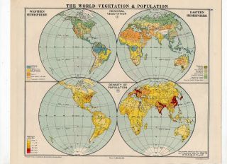 Antique Map Of The World Vegetation Population George Philip & Sons C1930