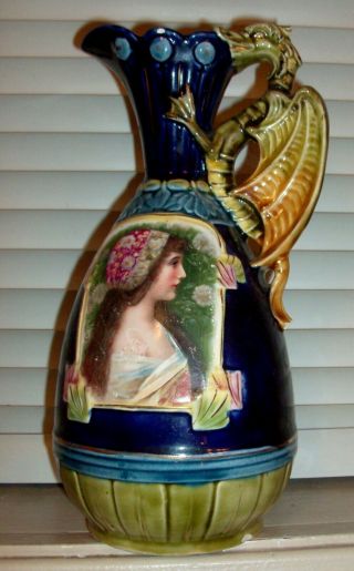 Austrian Art Nouveau Dragon Handle Mucha Maiden Portrait Ewer Vase 9 " Tall