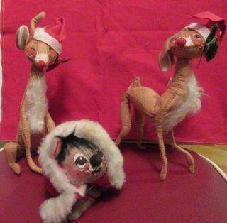 3 Vintage 1970s Annalee Mobilitee Reindeer And Mouse Poseable Christmas Figures