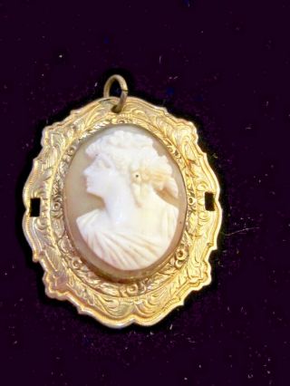 Antique Shell Cameo Hand Carved Lovely Lady - Possibly Brass Frame - Pendant