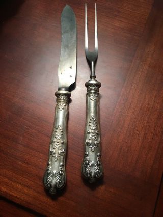 Vintage Sterling Silver Handle Meat Carving Set,  9”l (knife),  8 1/2” L (fork)