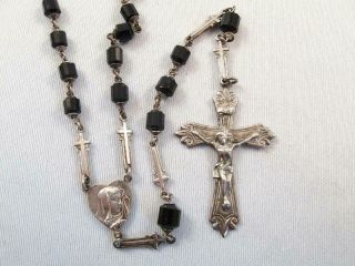 Antique Vintage Sterling Silver Rosary W/ Black Glass Bead Cross Extender