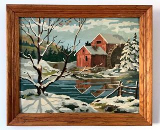 2 Vintage Framed Paint By Number Winter Scenes Country Barn Mill River Snow