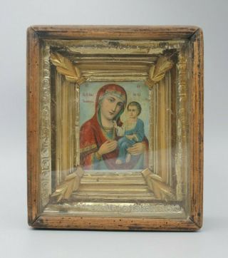 Antique 19c Russian Wood Orthodox Christian Icon Mother Of God