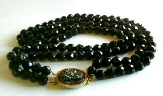 Antique Vintage Jet Black Glass Bead Necklace Multi Strand Cameo Clasp